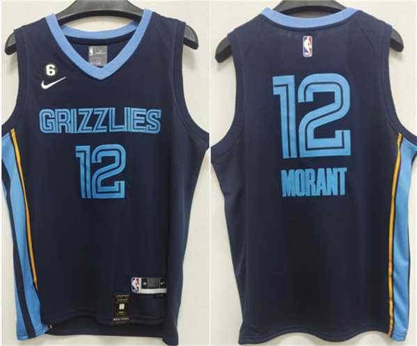 Mens Memphis Grizzlies #12 Ja Morant Navy With NO.6 Patch Stitched Jersey